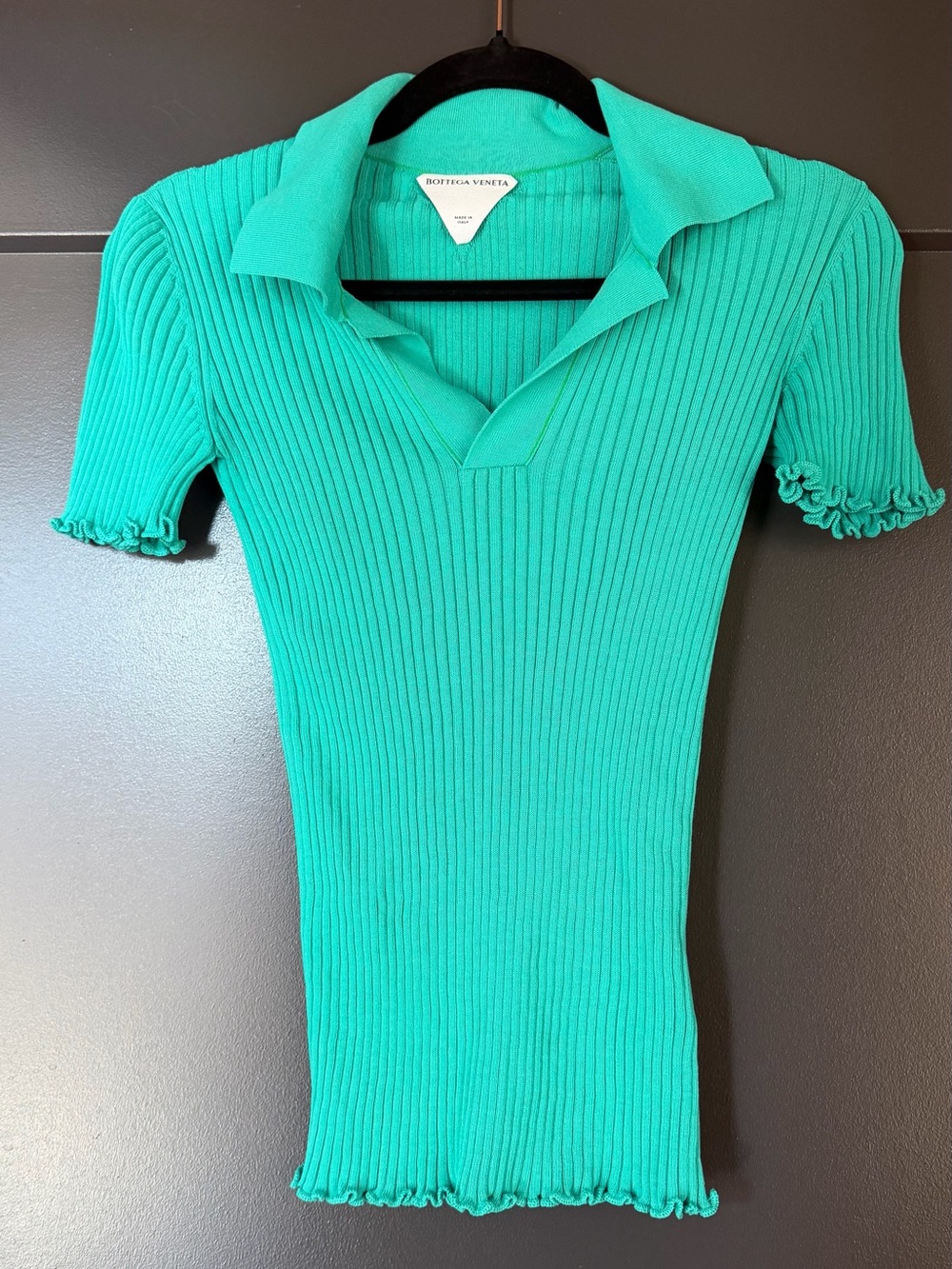 Bottega Veneta Teal Ribbed Polo Short Sleeve Top